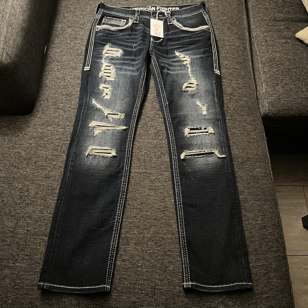 American Fighter Legend Baron Jeans Mens 32x32 Blue Distressed Flag Pockets